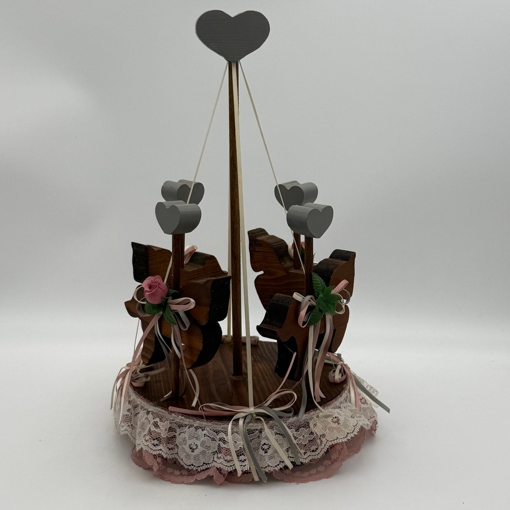 Vintage Style Wooden Carousel Horse Decor Lace Heart Pink Rose Cottagecore 12.5"